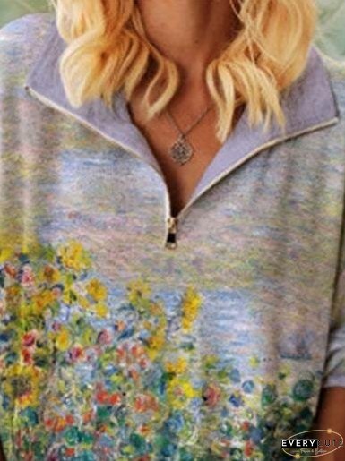 Floral Print Zip V-neck Top