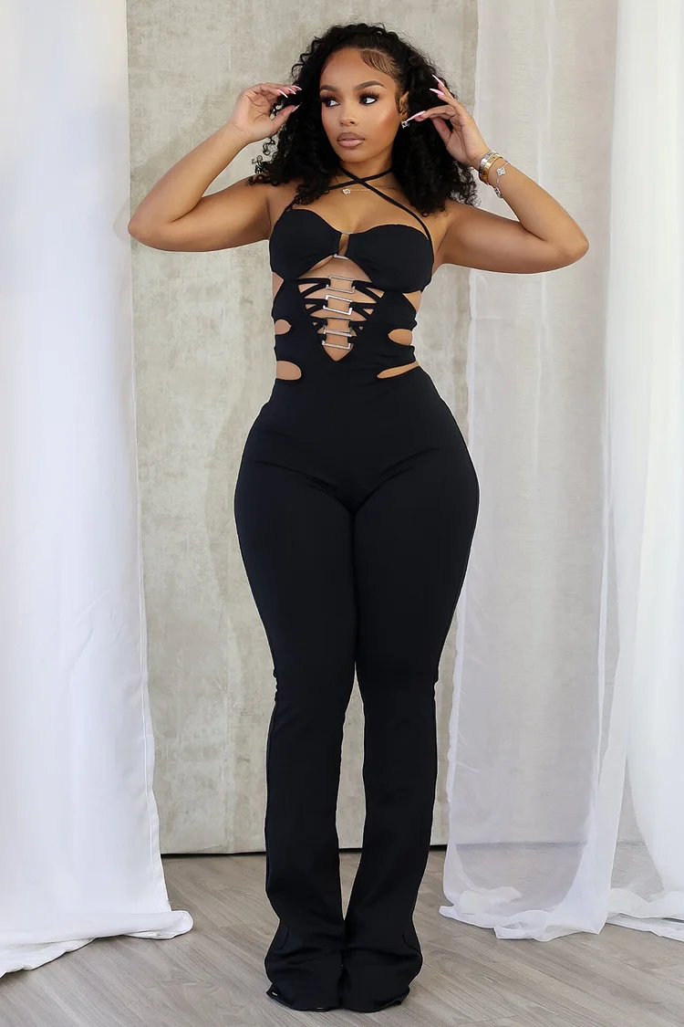 Cross Halter Lace-Up Cutout Party Straight Leg Jumpsuit-Black [Pre Order]