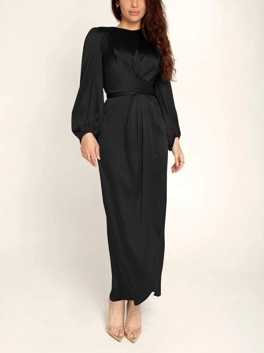 Satin dress with round neck and long sleeves