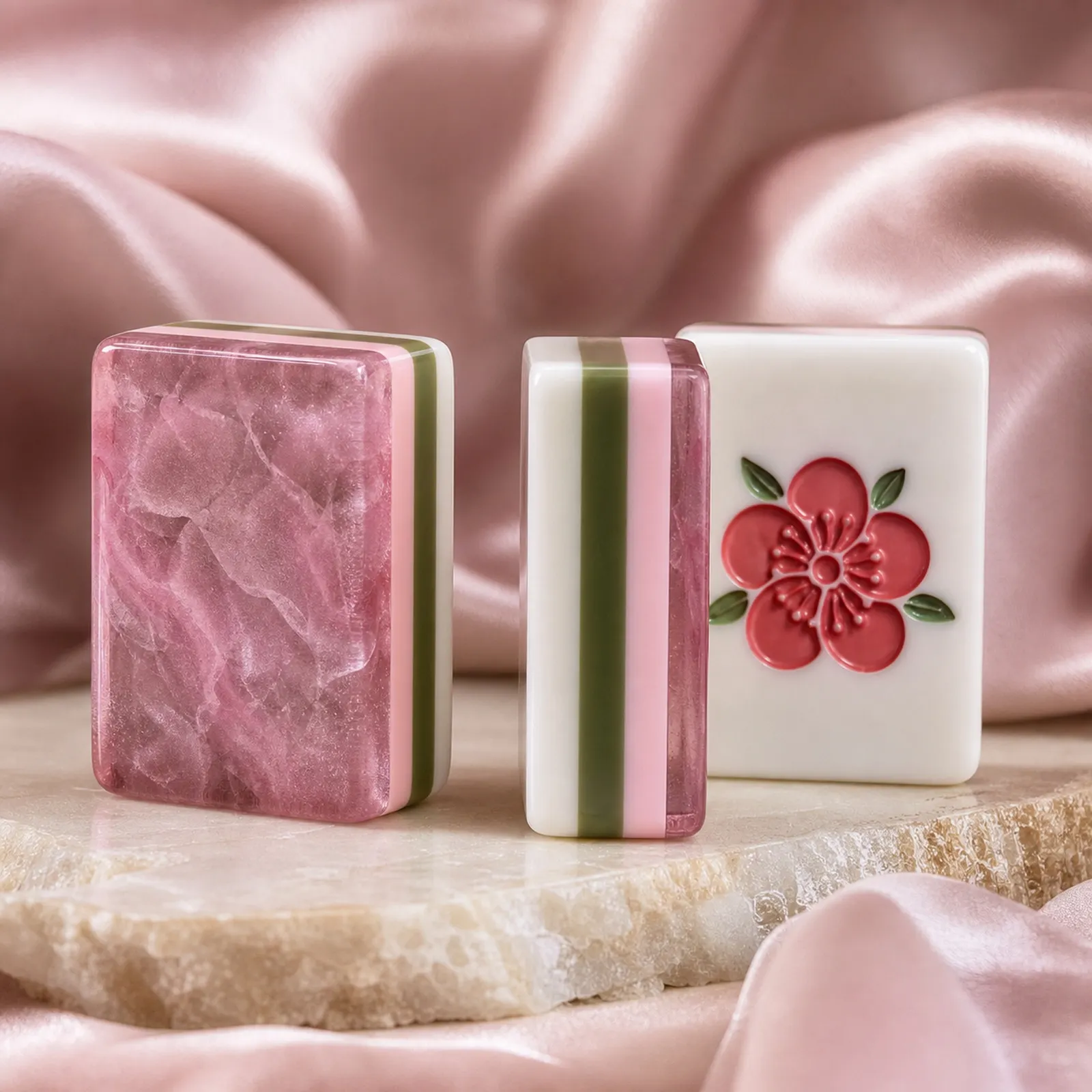 Close detail of the rose-toned acrylic finish.
