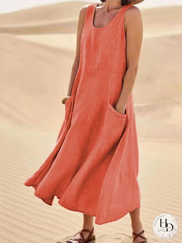Casual Dress Cotton Dress Shift Dress Midi Dress Blue Pink Khaki Sleeveless Pure Color Pocket Spring Summer Crew Neck Basic Daily Vacation Weekend Loose Fit S M L XL XXL for Women