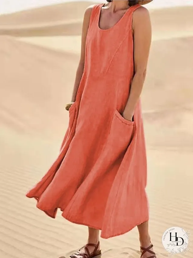 Casual Dress Cotton Dress Shift Dress Midi Dress Blue Pink Khaki Sleeveless Pure Color Pocket Spring Summer Crew Neck Basic Daily Vacation Weekend Loose Fit S M L XL XXL for Women