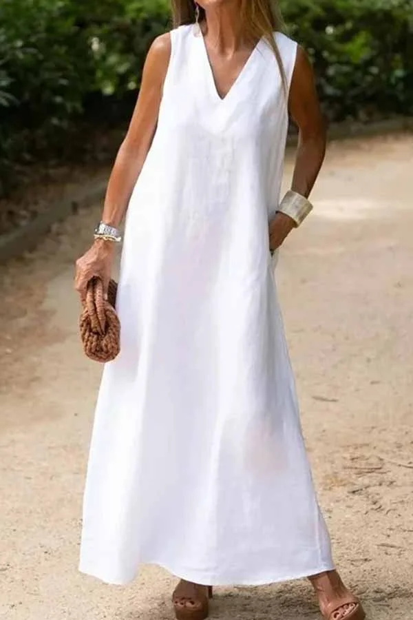 Deep v-neck sleeveless long white cotton and linen dress