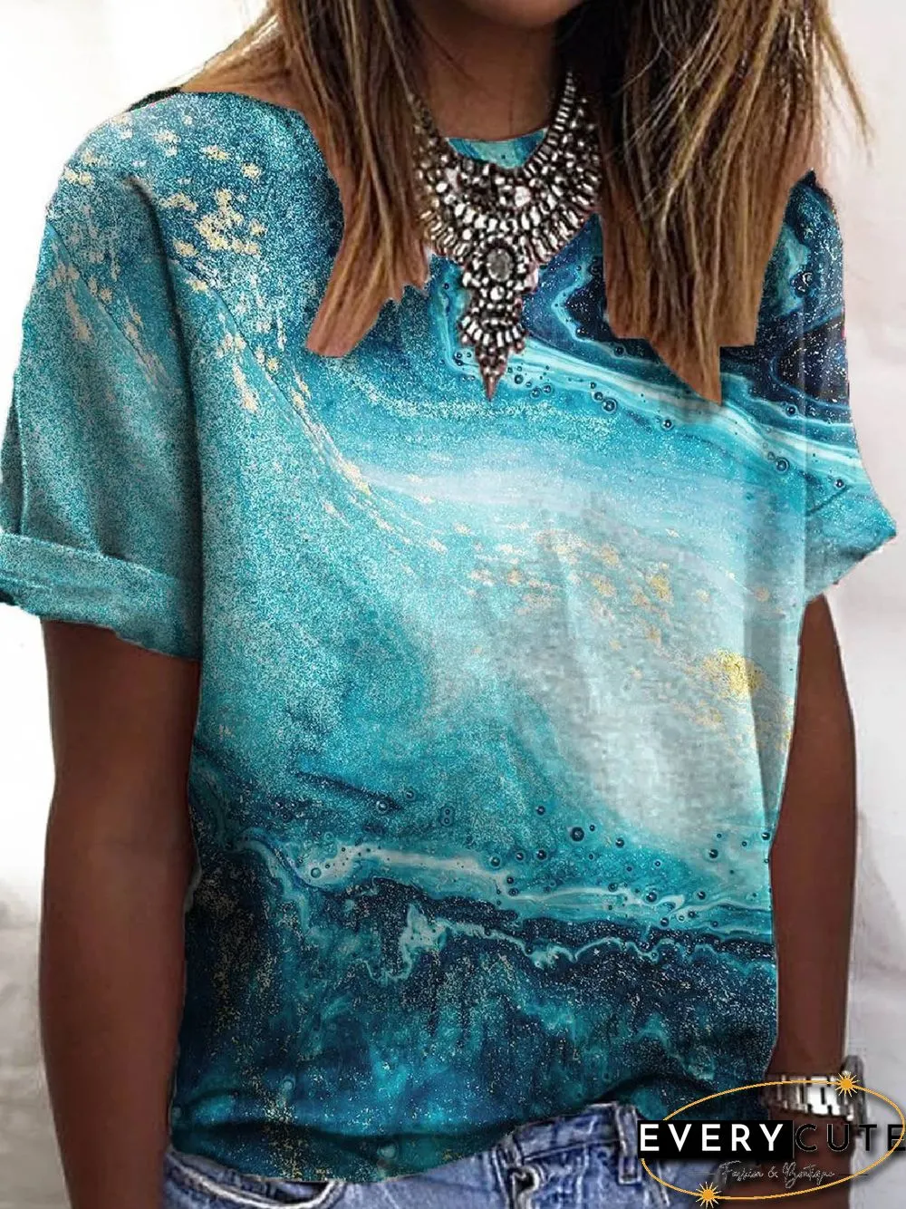 Floral-Print Short Sleeve Crew Neck Ombre/tie-Dye T-shirt