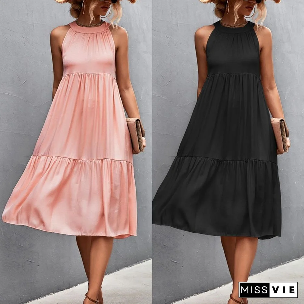 Elegant Sexy Dress Women Summer Dresses New Casual Loose Beach High Waist Solid Sleeveless A-line Midi O-neck Halter Dress