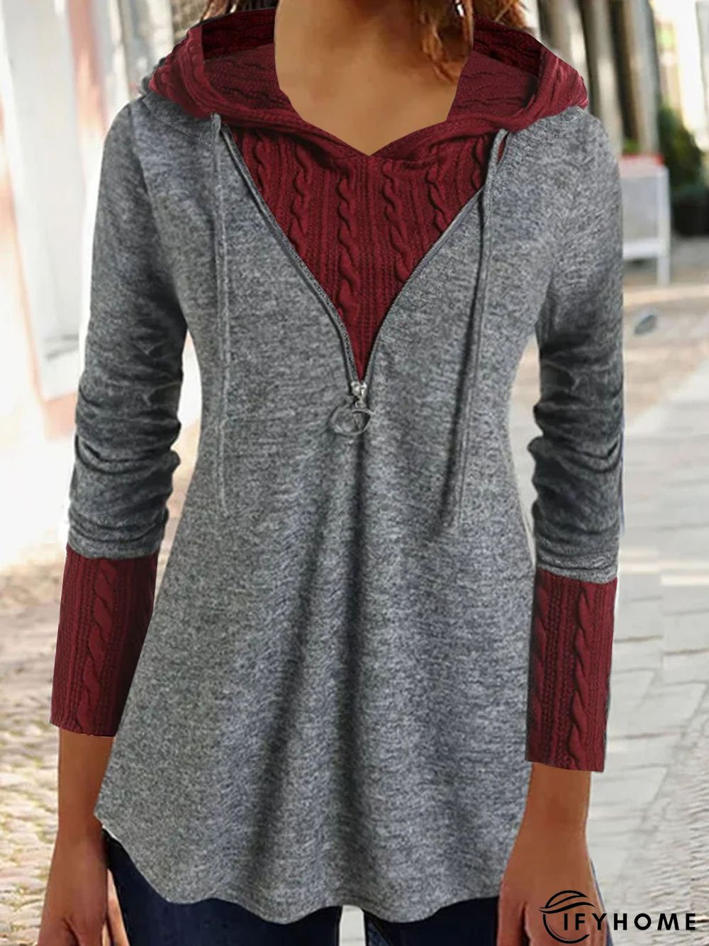 Plain Hooded Drawstring Cable Knit Mixed Media Tunic Sweatshirt | IFYHOME