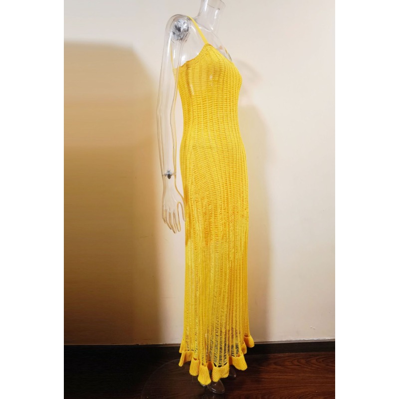 Ootddress Ruffled See-Through Backless Halter Dress Female Sleeveless Hollow Out High Waist Elegant Gown Spaghetti Women Maxi Dress