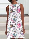 Vacation Watercolor Mermaid Print Sleeveless Dress