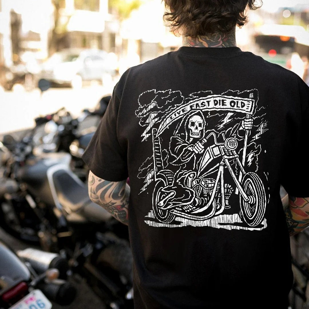 LIVE FAST DIE OLD Skeleton&Motorcycle Print Men's T-shirt