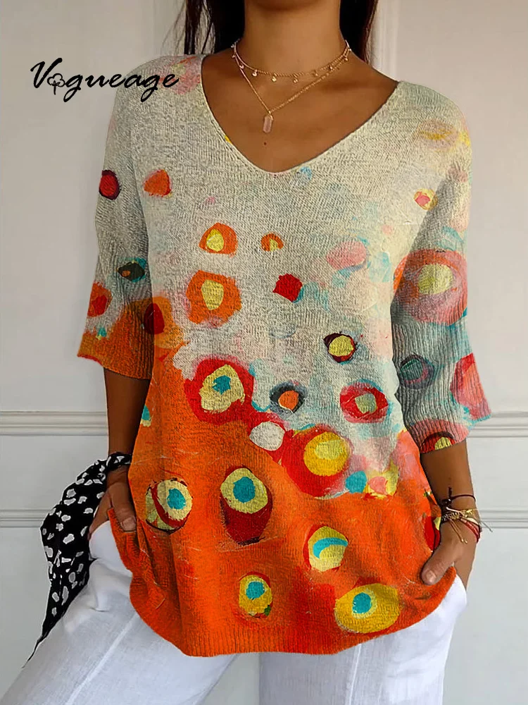 Bright And Gentle Versatile Oil Painting Spot Printed Knitted Sweater