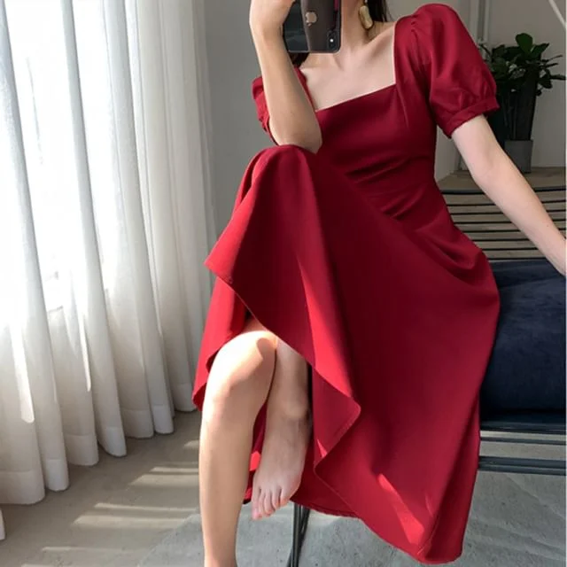 Dress Short-Sleeve Square Plain Neck Midi A-Line