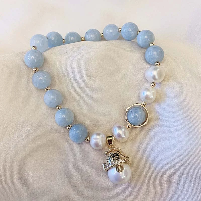 Aquamarine Pearl Peace Healing Lucky Cat Charm Bracelet