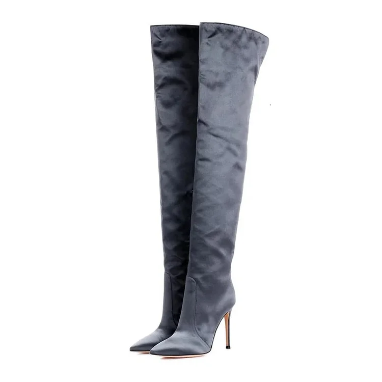 Grey Satin Long Boots Pointy Toe Stiletto Heel Thigh-high Boots |FSJ Shoes