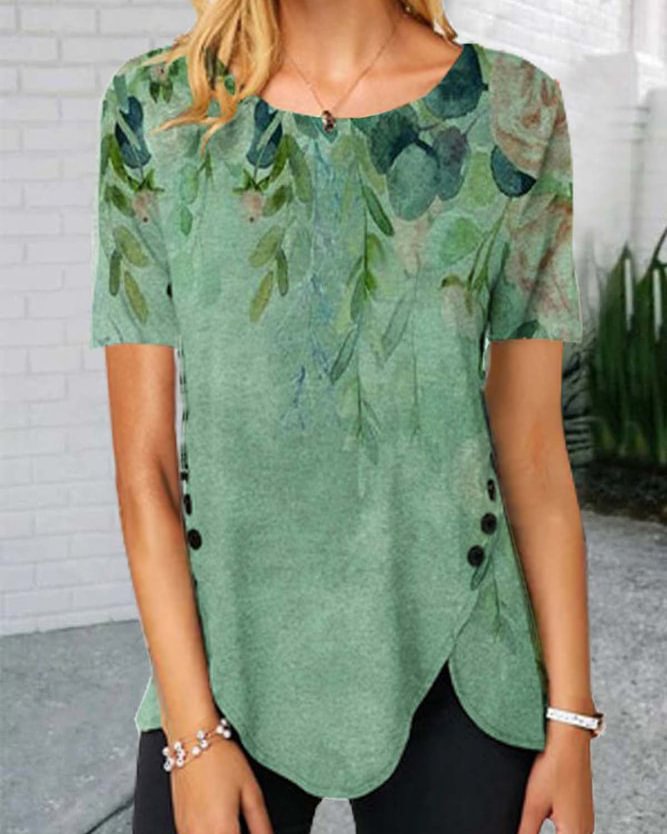 Floral Short Sleeve Printed Cotton-blend Crew Neck Vintage Summer Green Top