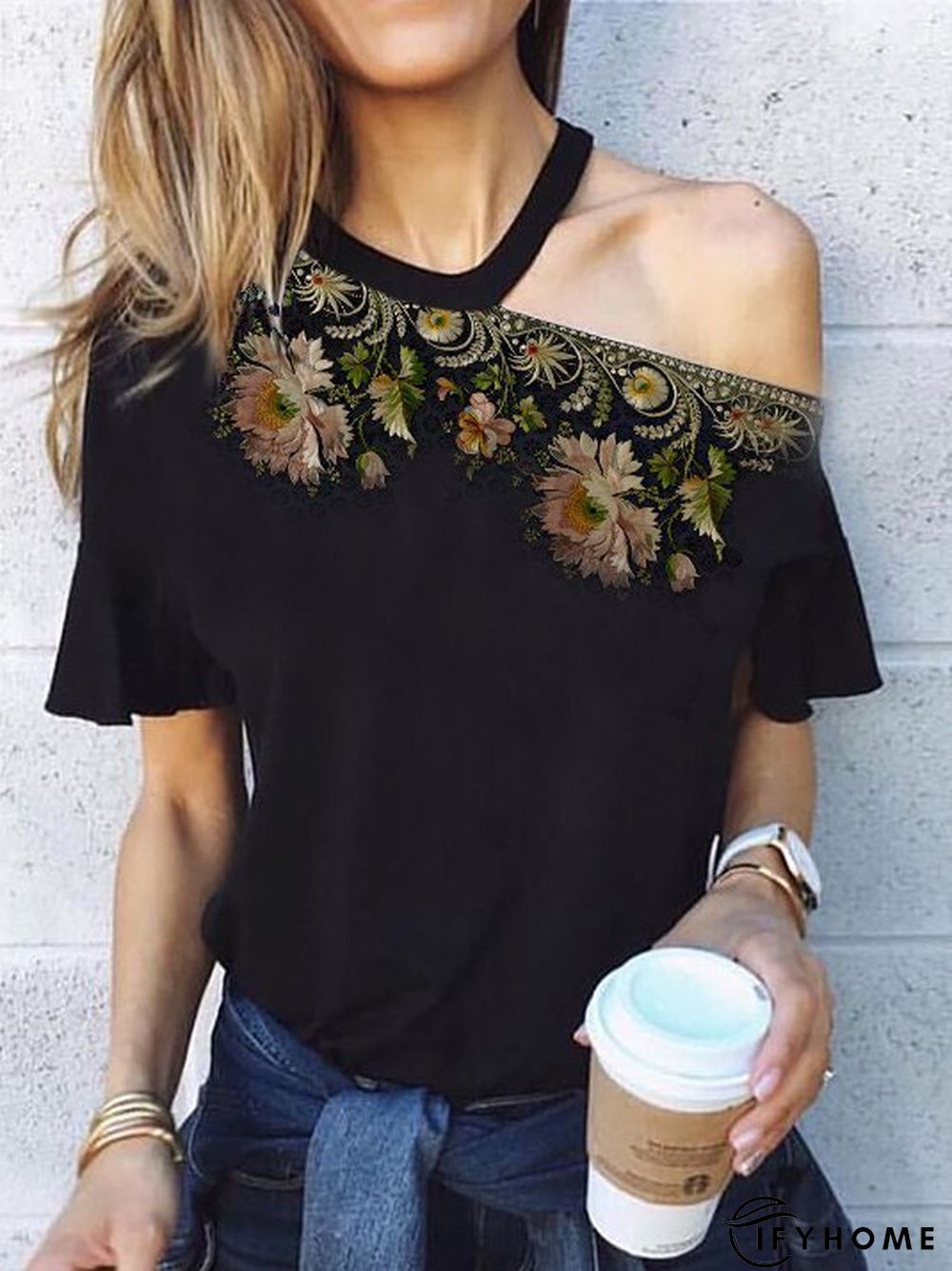 Casual Off Shoulder Cold Shoulder Shift Cotton-Blend T-shirt | IFYHOME