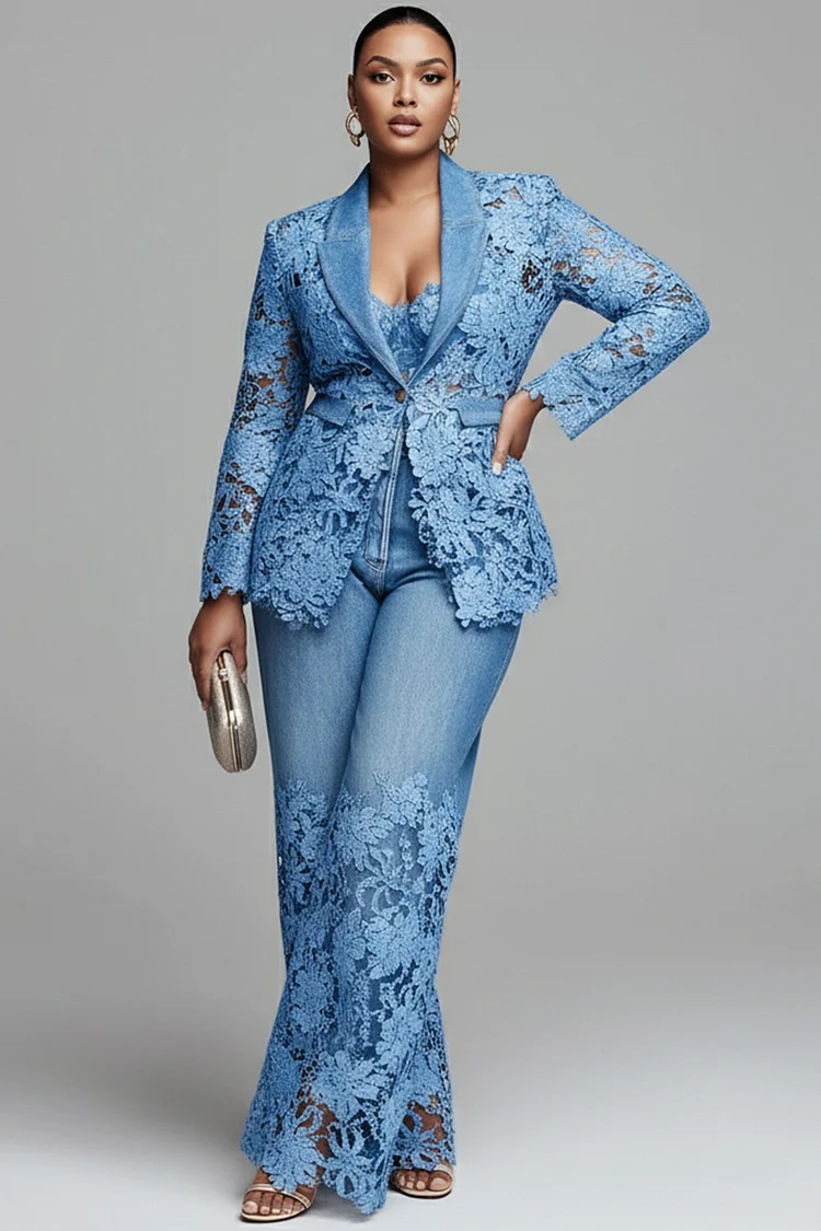 Xpluswear Design Plus Size Business Casual Blue Lapel Collar Long Sleeve Contrast Elegant See Through Lace Denim Two Piece Pant Suits [Pre-Order]
