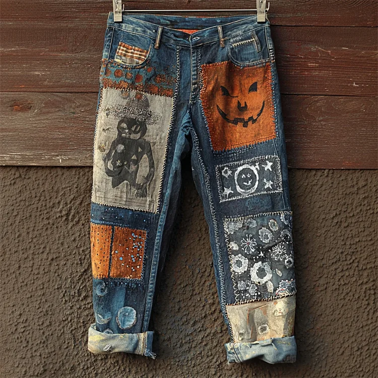 Halloween Pumpkin Inspired Contrast Patchwork Washed Jeans