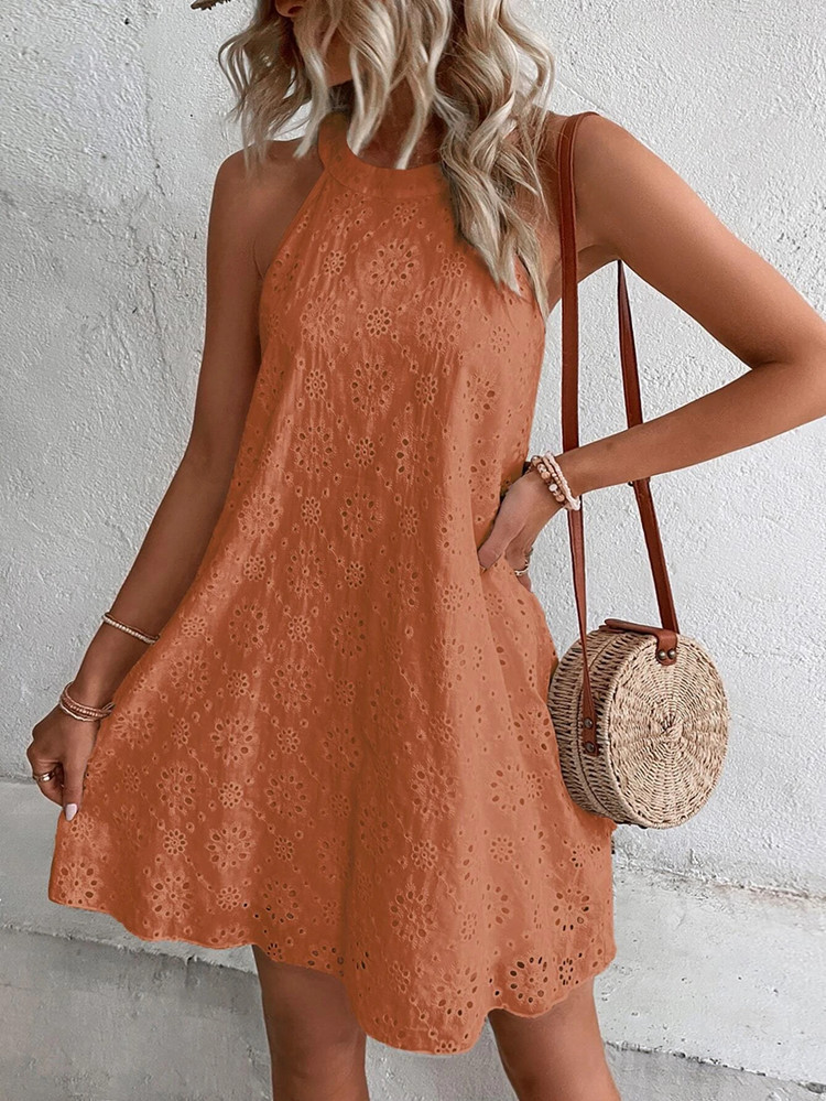 Rotimia Cotton Embroideried Hollow Out Mini Dress