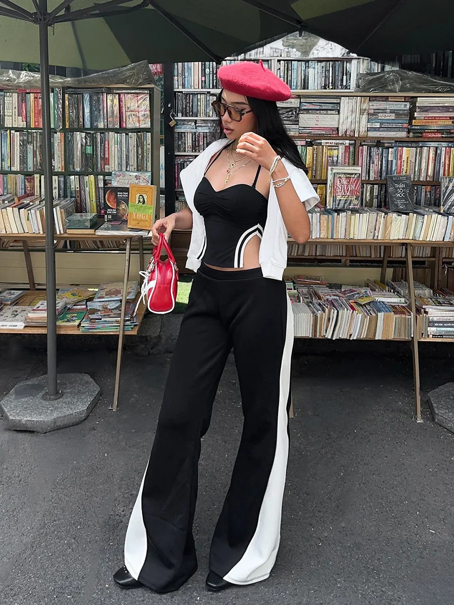 Uveng Uveng Has G24PT164 Women's Autumn New Bump Color Arc Splicing Elastic Straight Casual Flared Trousers