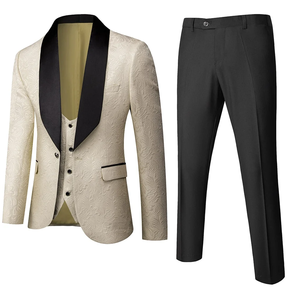 Inongge Banquet Feather Embossing Process Designer Blazer Jacket Pants Vest / Men's New Suit Coat Waistcoat Trouser 3 Pcs Dress Set