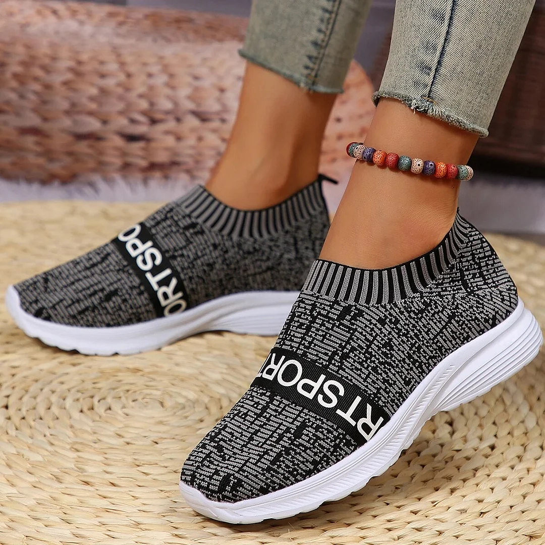 Breakj Women's Lightweight Casual Walking Shoes Fashion Striped Knitted Platform Sneakers Women Slip-On Breathable Mesh Flats Plus Size