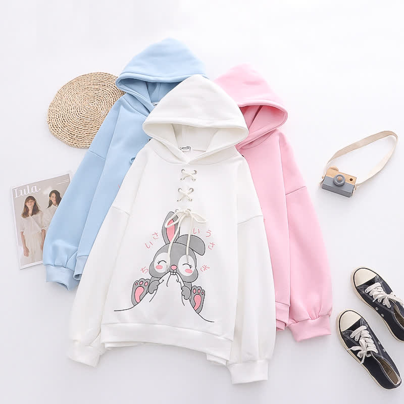 Cartoon Rabbit Print Lace Up Loose Plush Hoodie