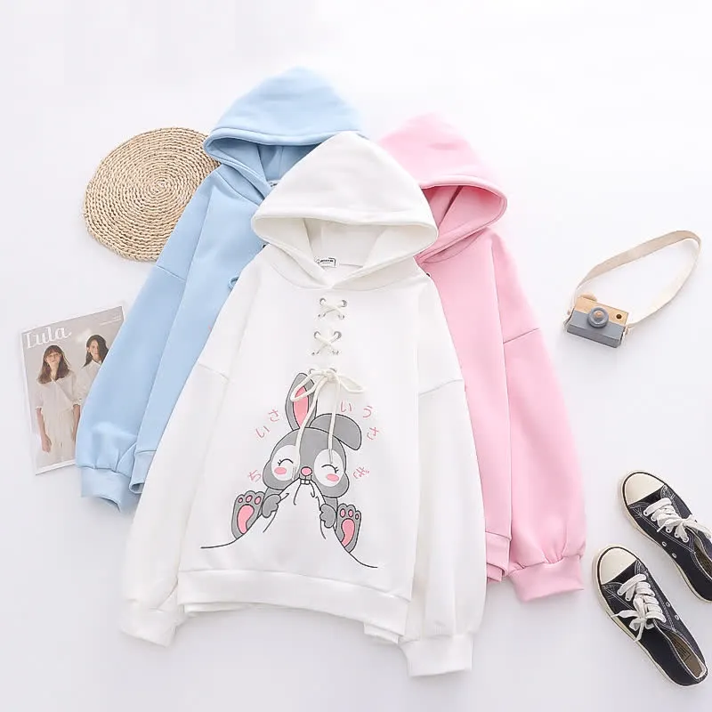 Cartoon Rabbit Print Lace Up Loose Plush Hoodie