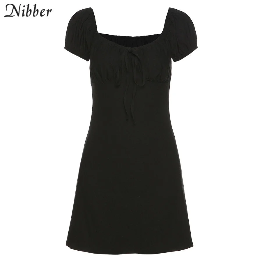 Nibber kpop puff sleeve sexy low collar slim black dresses woman elegant simple high street female fashion party club mini dress