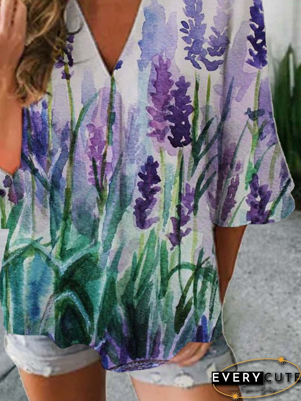 Floral Half Sleeve Printed Polyester V neck Casual Summer Blue Top