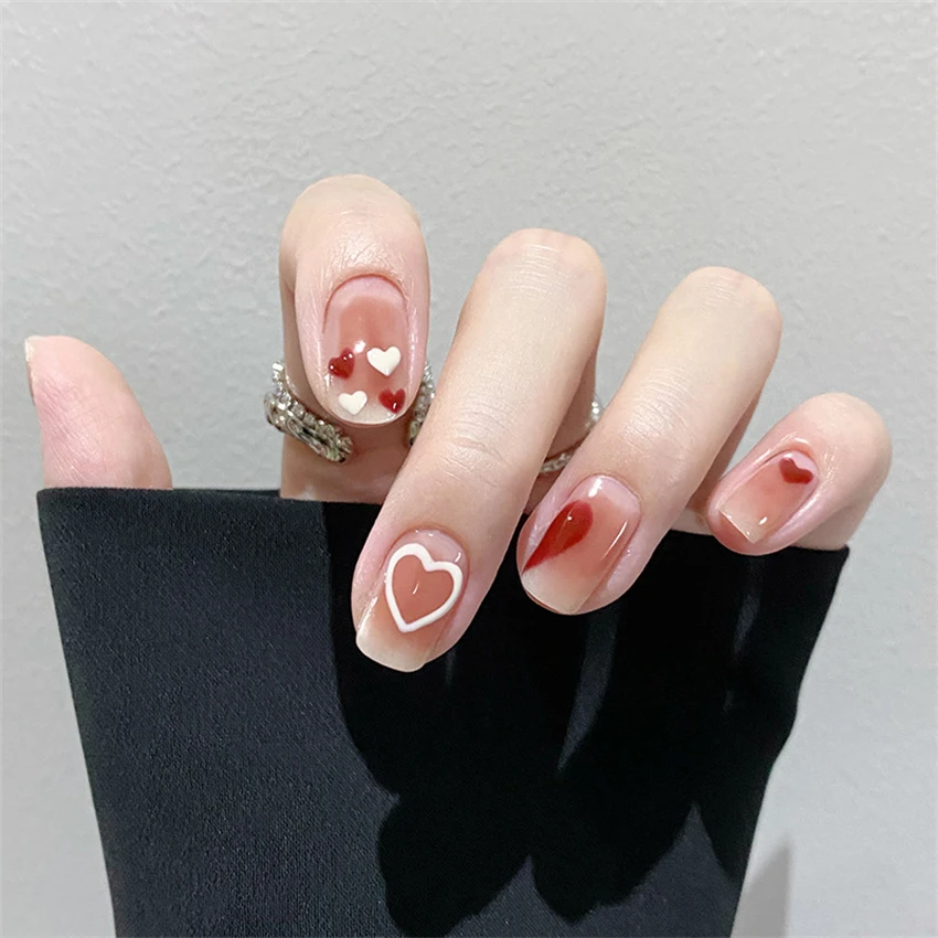 Qinice 24Pcs/Set Milkshake Diamond Lattice Wearing False Nails Tips Fall Winter Adhesive Fake Nails Removable French Press on Nail Art
