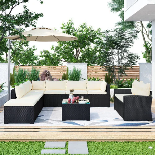  GLVEE 9-piece Outdoor Patio Wicker Beige Sofa Set