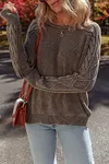 Women's Thick Dark Brown Contrast Cable Knit Sleeve Casual Sweater
