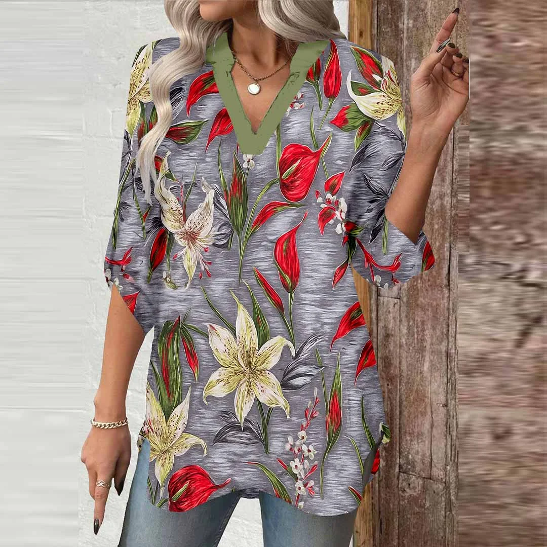 Women Floral, Gray, Red DZGA0469 3/4 Sleeve V-neck Printed Graphic Button Tops