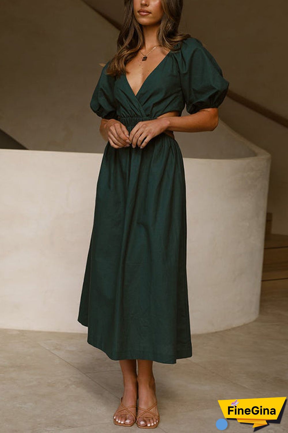 Cut Out Waist V Neck Puff Sleeve Dress