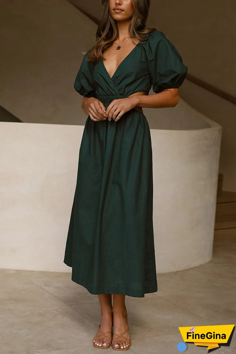 Cut Out Waist V Neck Puff Sleeve Dress