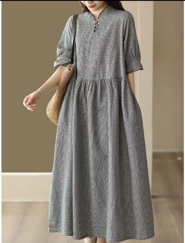 Summer Linen Casual Loose Short Sleeve Plaid Dress