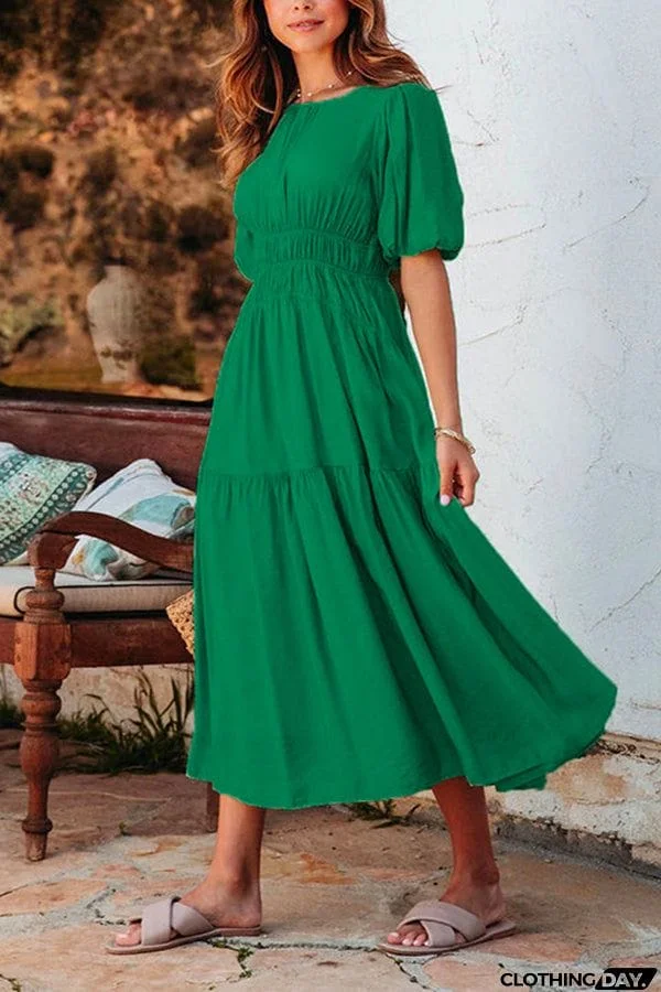 Crewneck Puff Sleeve Waisted Tiered Swing Dress