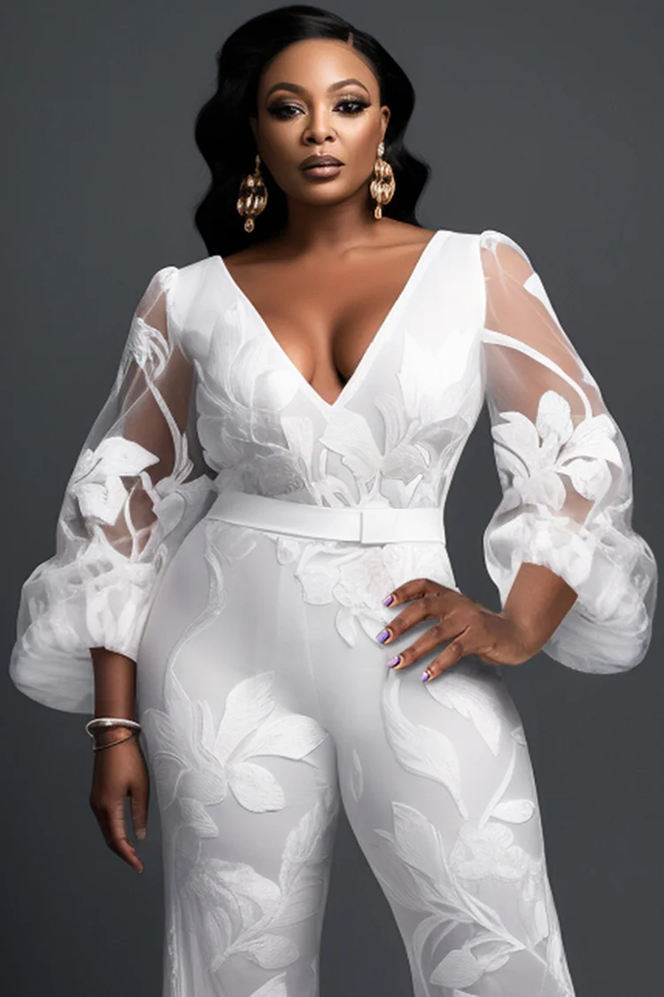 Xpluswear Design Plus Size Business Casual White Elegant V Neck Long Sleeve See Through Jumpsuits [Pre-Order]