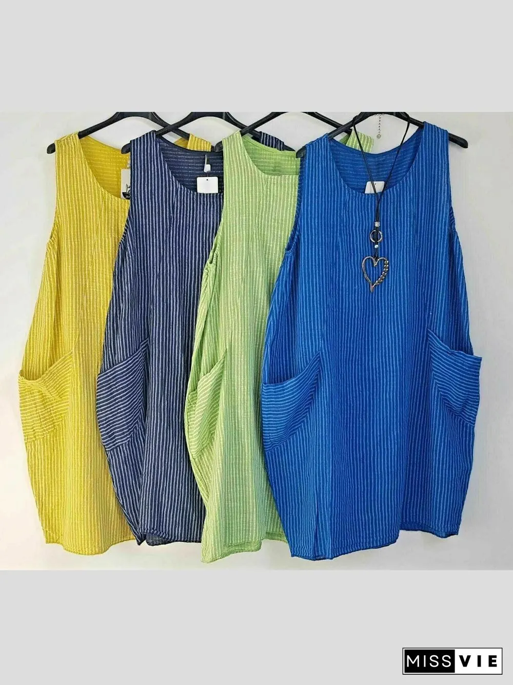 Ladies Stripe Design Summer Linen Cotton Long Pocket Top