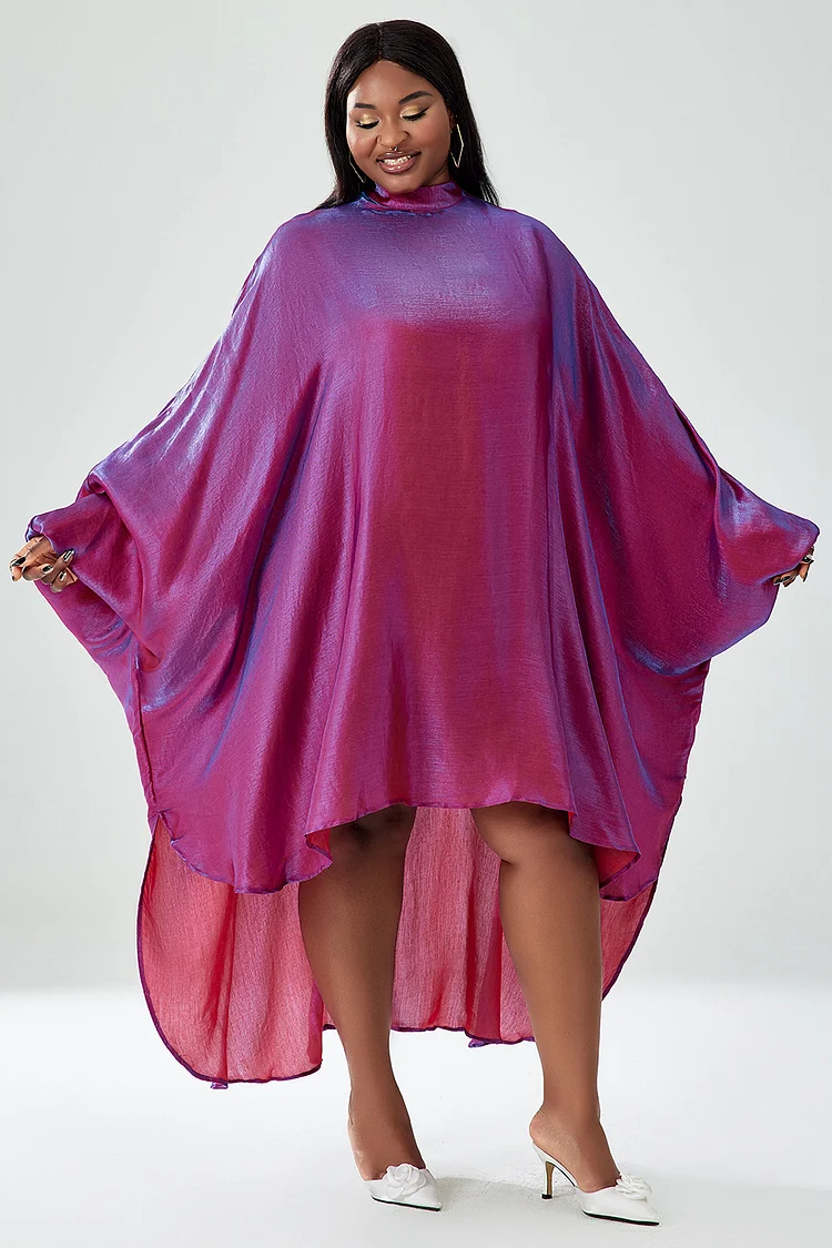 Xpluswear Design Plus Size Daily Dress Purple Metallic Hologram Lantern Sleeve Midi Dress 