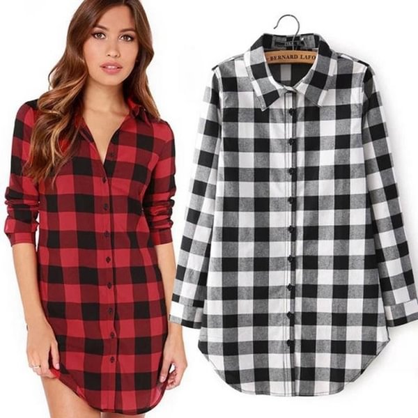 Red and Black Checked Women Casual Plaid Shirts Long Sleeve Shirt Brushed - Chicaggo