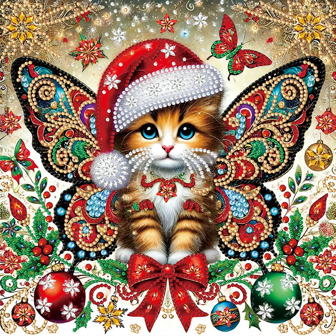 Christmas Cat - Diamond Painting - Partial Special Shaped Drill(Canvas|30*30cm)