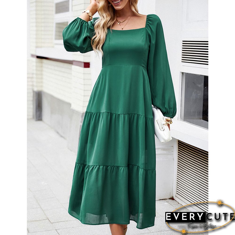 Green Solid Square Neck Pocket Long Sleeve Dress