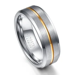 14K Yellow Gold With Silver Groove High Polish Finish Tungsten Carbide Rings 6MM 8MM