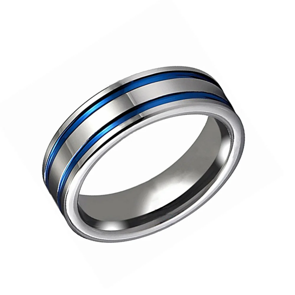 Two Grooves Plated Blue Glossy Mens Silver Tungsten Rings Tungsten