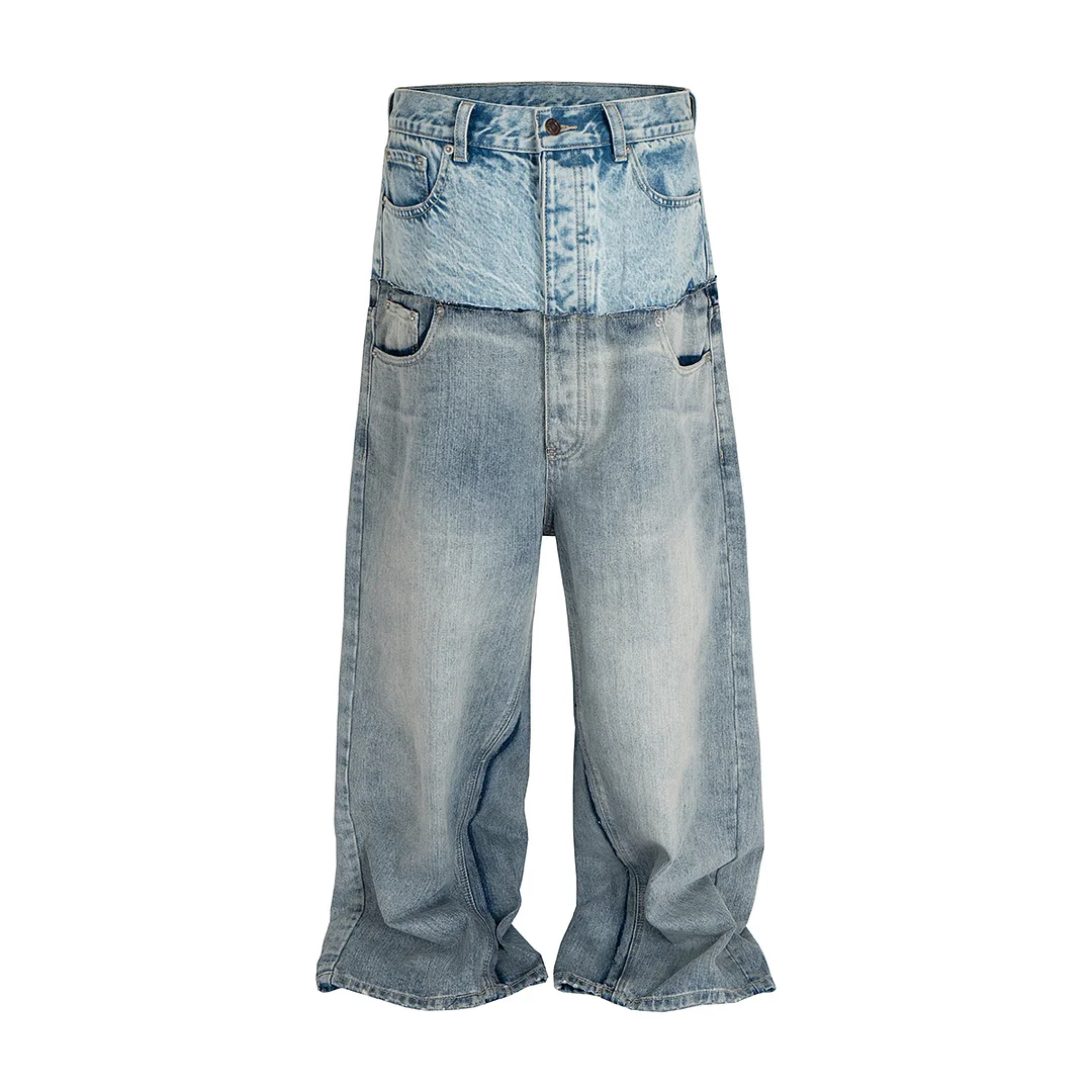 Abebey-CUT-UP Double-layer Double Waist Patchwork Baggy Jeans for Men and Women Straight Casual Loose Denim Trousers Oversized