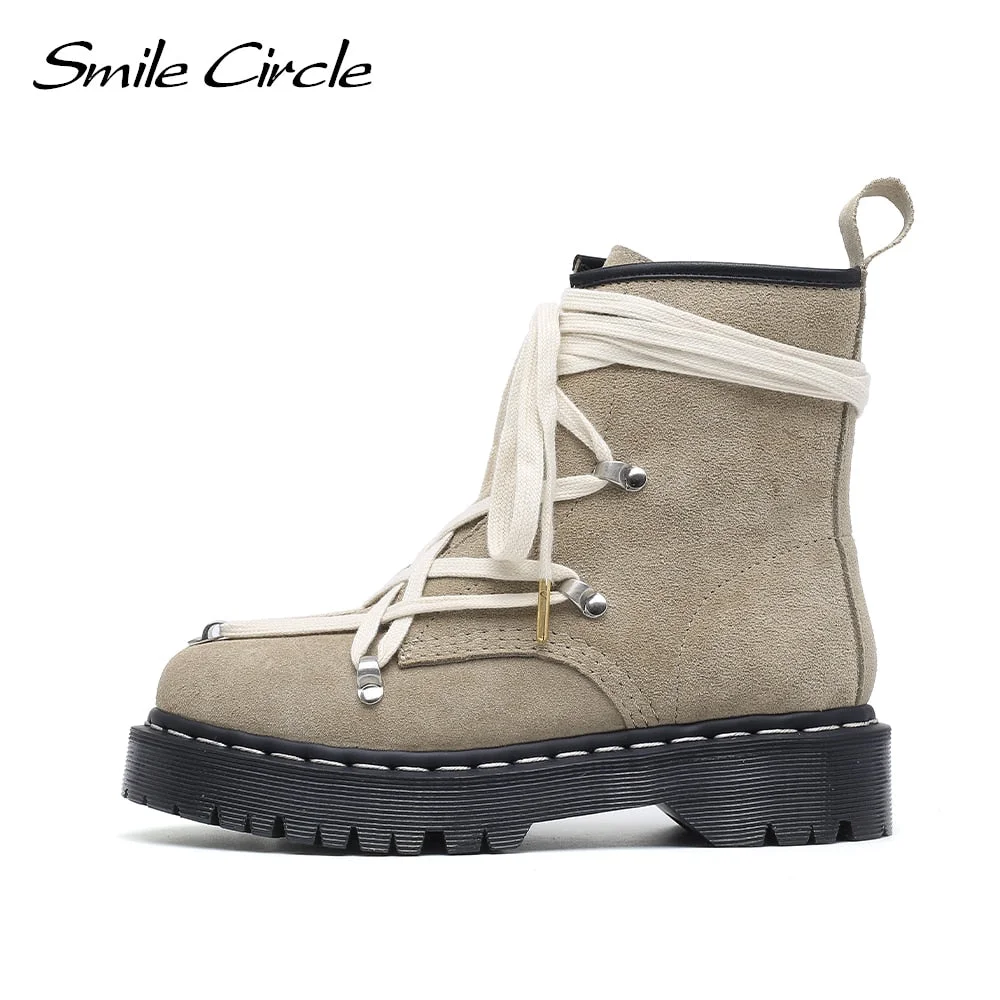 Smile Circle Ankle Boots Women Black Platform Martin Boots Lace-up Straps Punk Motorcycle Boots Autumn/winter Boots for Women