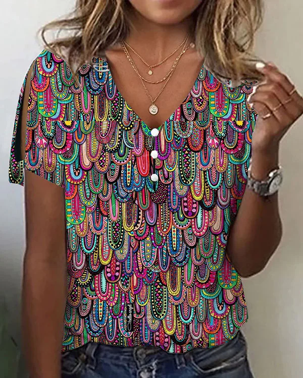 Casual V Neck Colorful Print Short Sleeve Tops