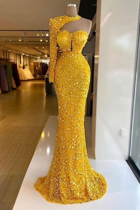 Yellow Halter One Shoulder Long Sleeve Mermaid Prom Dress With Sequins PD0614