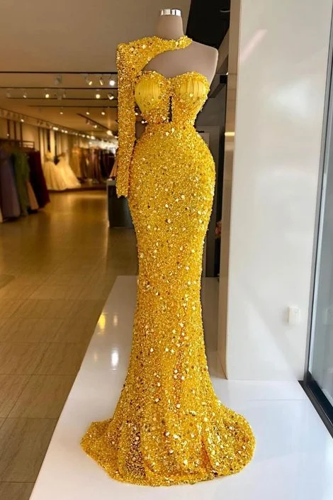 yellow prom dress one shoulder